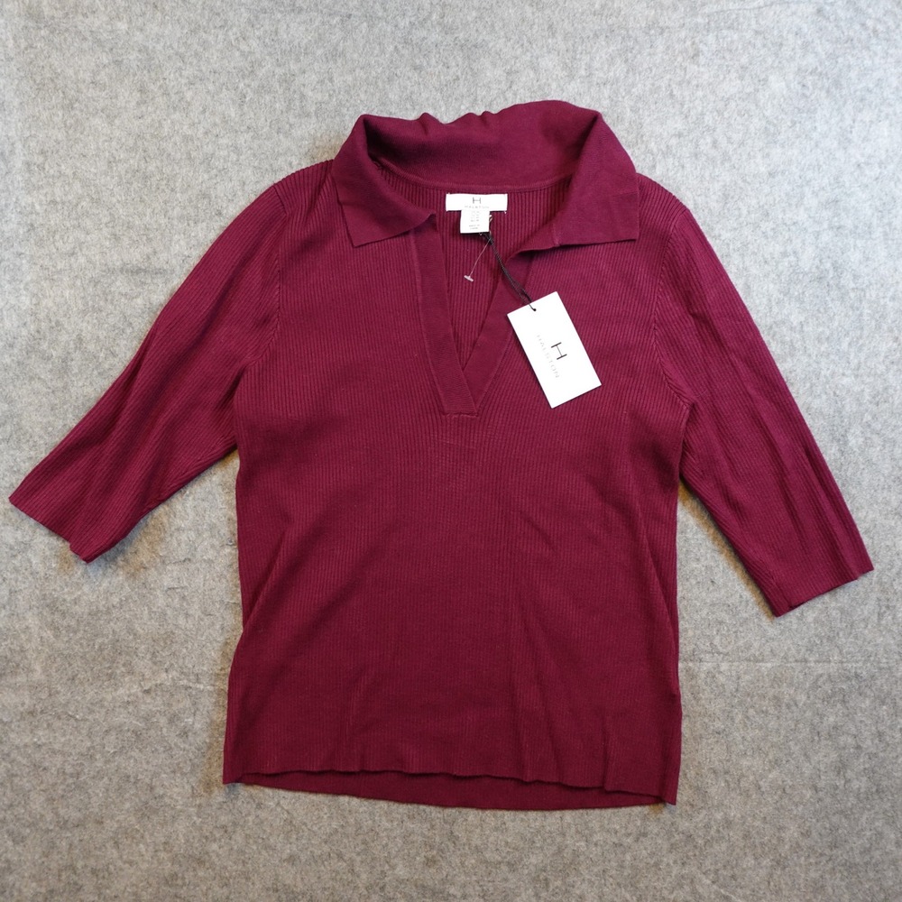 Halston Top Women Medium Burgundy NWT Ribbed Knit Collared VNeck 3/4 Sleeve